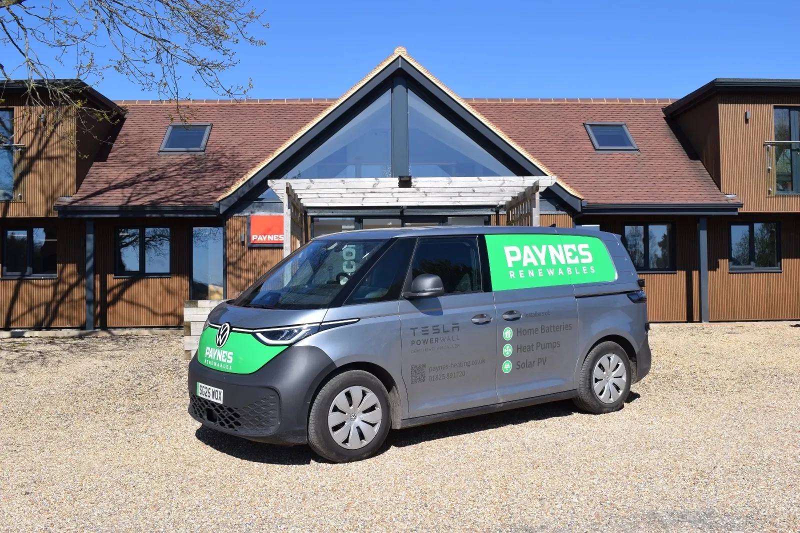 A Paynes Renewables electric van outside the Oak Tree Barn office